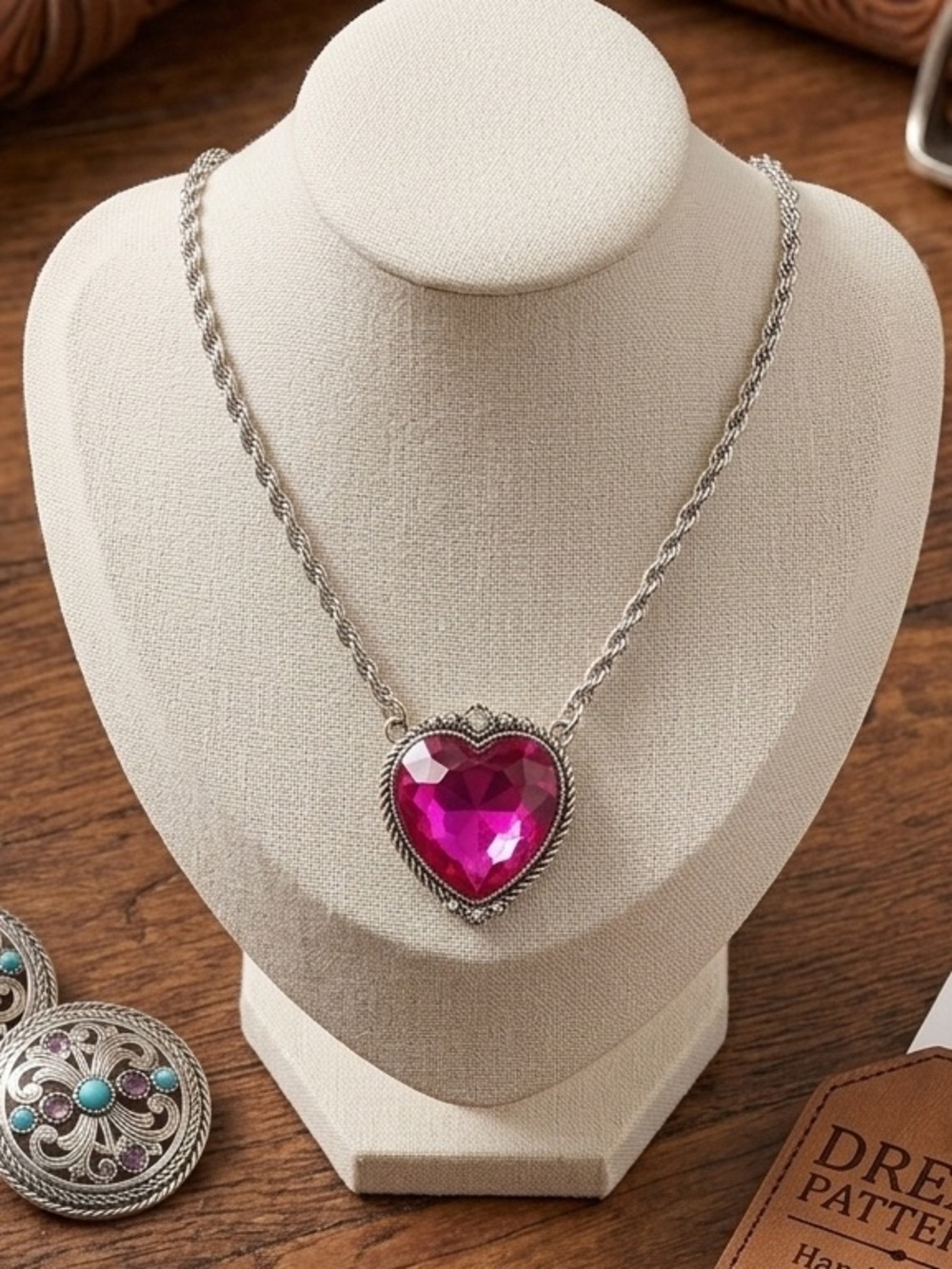 Hot Pink Bling Heart Necklace Country Western Coquette Cowgirl Rodeo Boho Glam